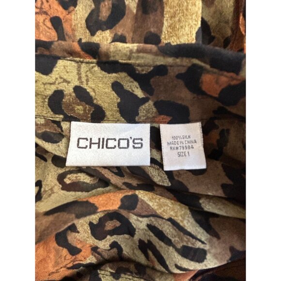 Chico's Women Animal Print 100% Silk Sheer Button-Down Blouse Size 1 Long Sleeve - Picture 3 of 7